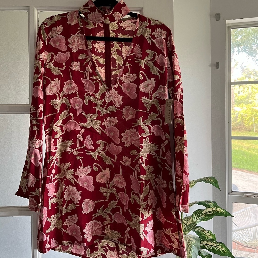 High neck red floral mini dress